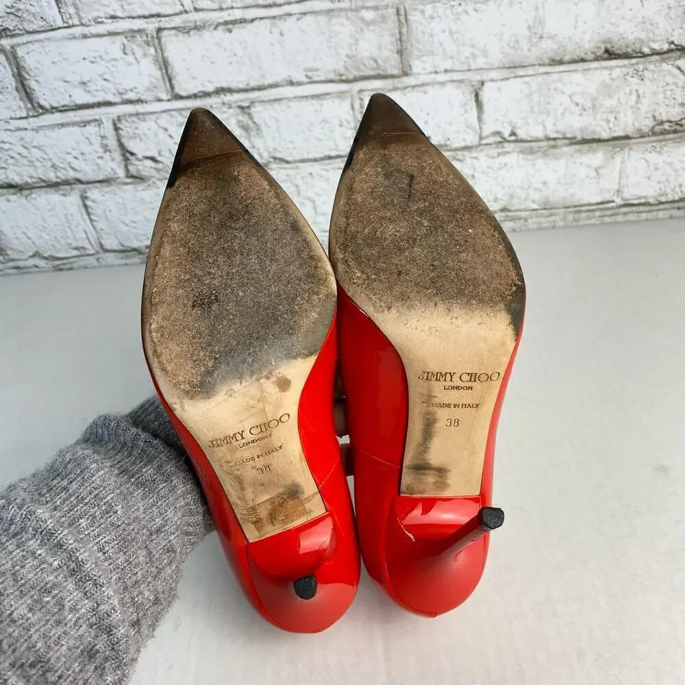 Jimmy Choo Heels Pumps Point Toe Stiletto Shoes Patent Leather Red 38 8 - Picture 7 of 15